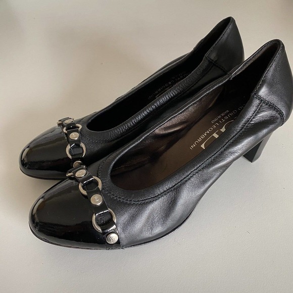 AGL Attilio Giusti Leombruni Pump Black Leather Patent Cap Toe Block Hee… - Picture 4 of 6